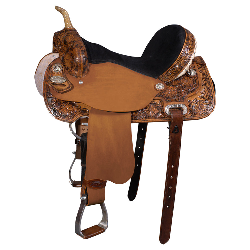 159082-z_b0f0a44a-fe91-44de-ac97-34227cfa3b13.jpg Hilason Western Horse Barrel Flex Tree Trail American Leather Saddle Brown Gorgeous Floral Hand Tooled & Carved - Image 1