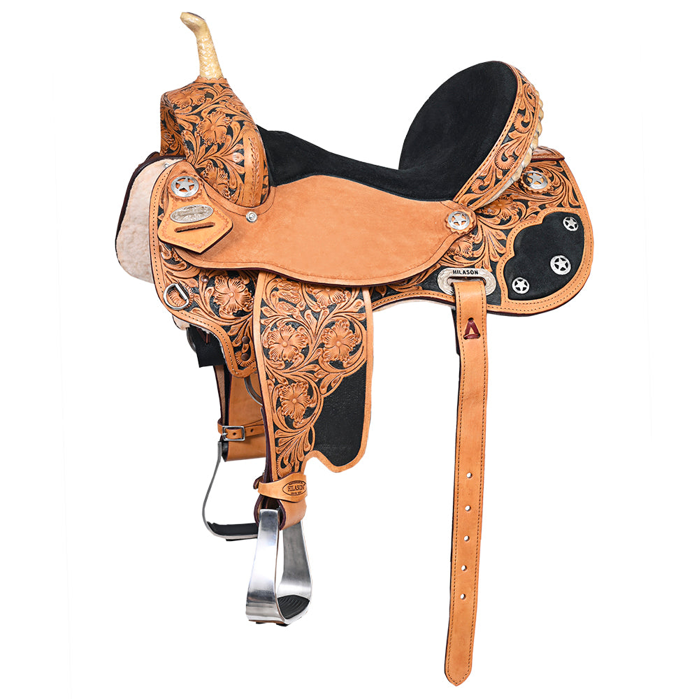 159086-z_4b79eb86-f938-4338-a8ca-0f393cb4a749.jpg Hilason Flex Tree Western Horse Saddle American Leather Trail Barrel Tan / Black Inlay With Floral Hand Carved - Image 1