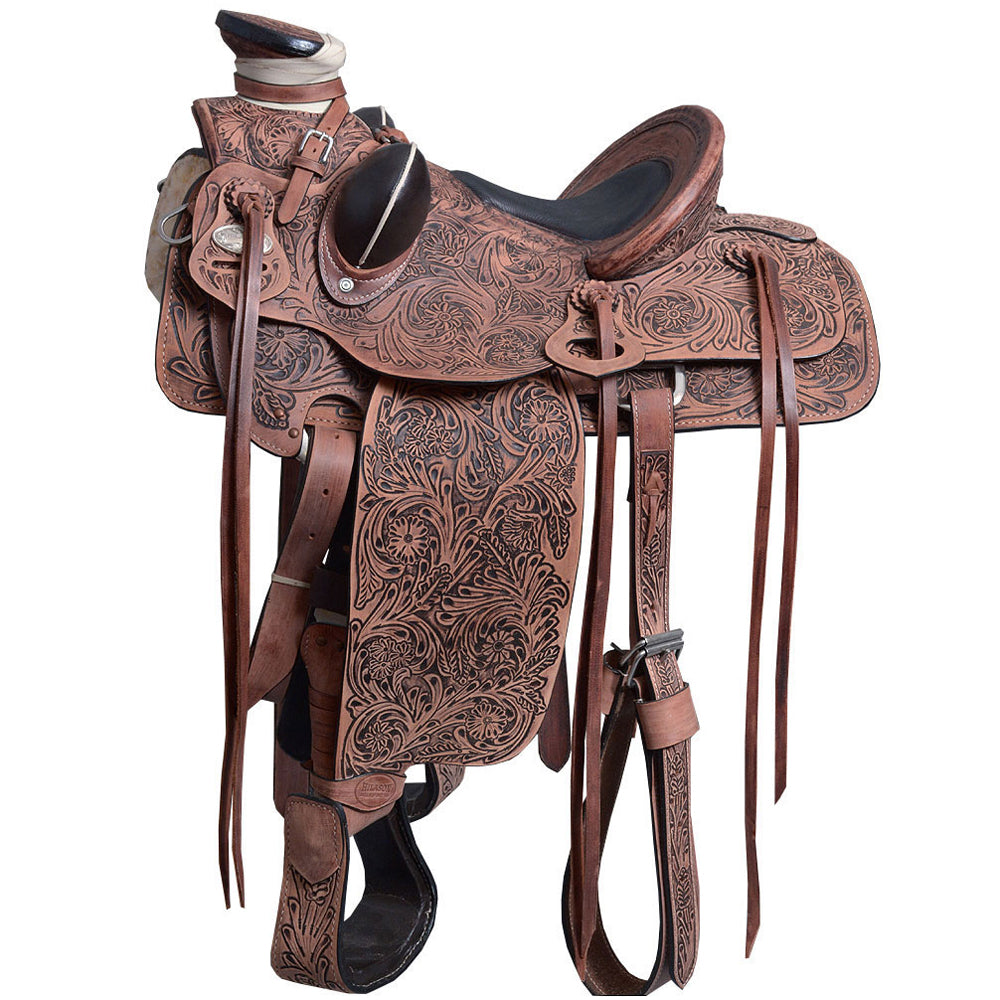 41629-Y_1b76bc0a-c67f-4f8f-8d88-7ef1eb24fca2.jpg HILASON Western Horse Wade Saddle American Leather Ranch Roping Dark Brown | Hand Tooled & For Horses - Image 1